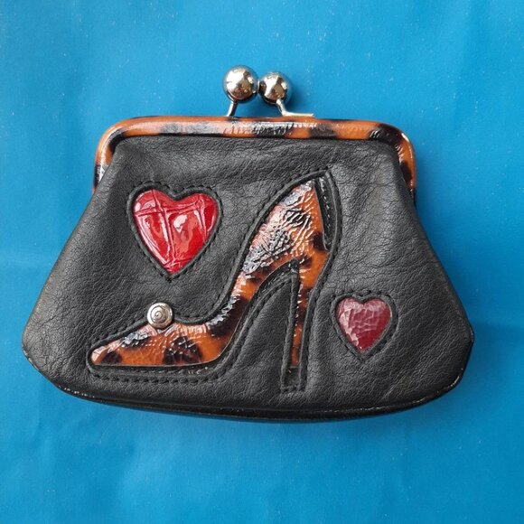 Brighton Black Leather Kiss Lock Leopard Print High Heel Coin Purse - Picture 1 of 6